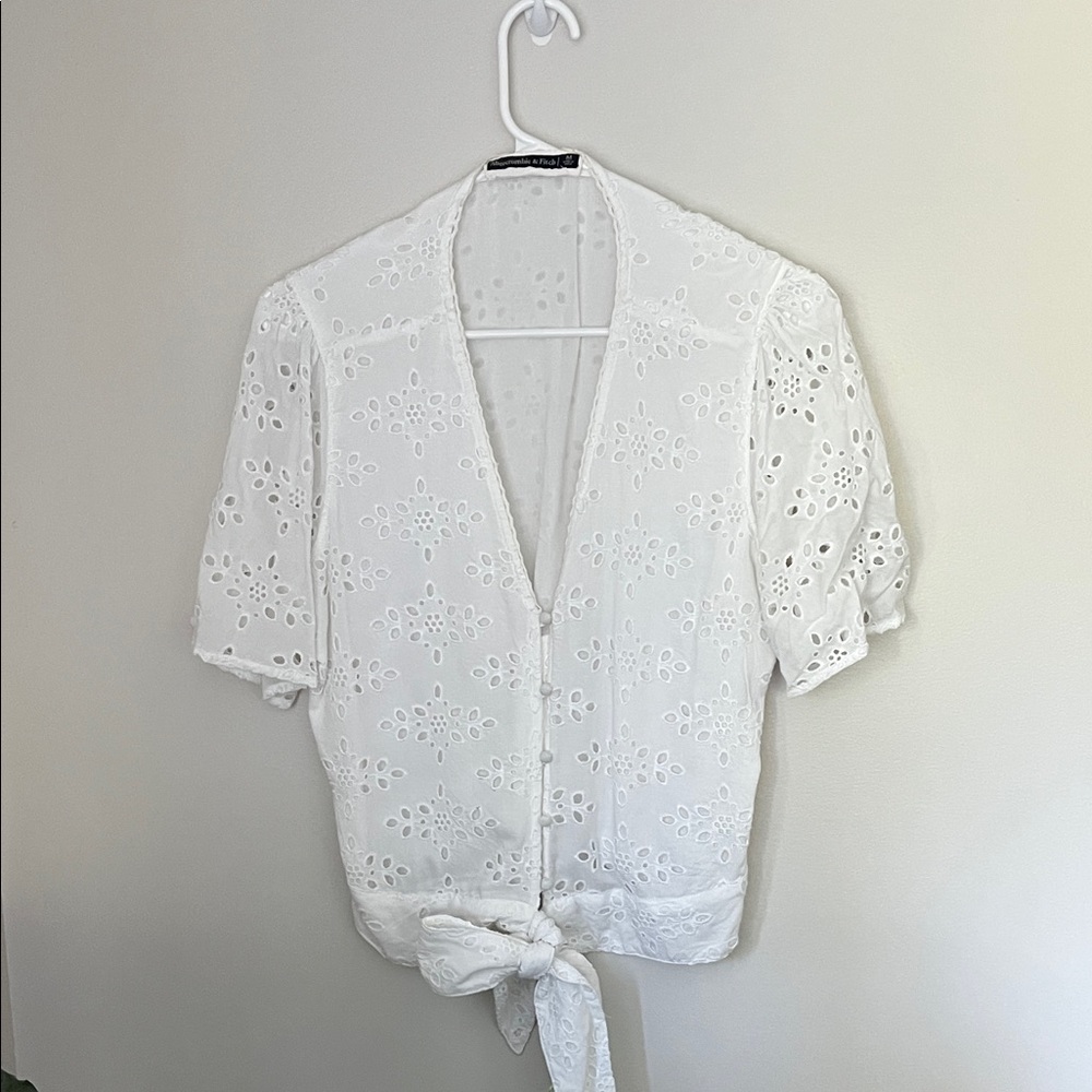 Abercrombie & Fitch White Eyelet Blouse with Tie-Front